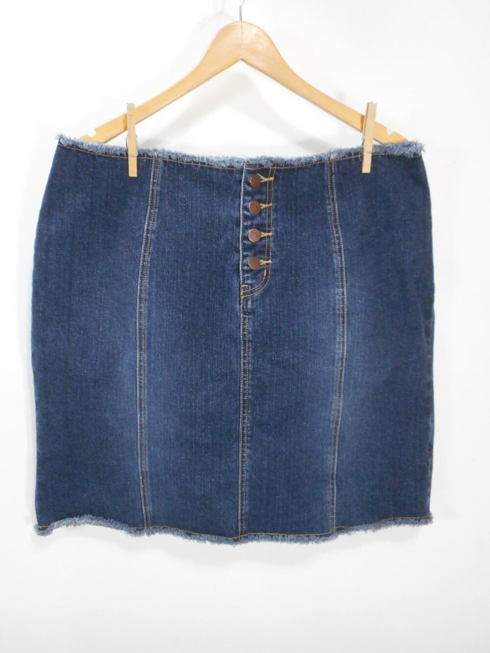 Vintage Venezia Y2K Denim Skirt Button Fly Raw Hem Dark Wash Above the Knee